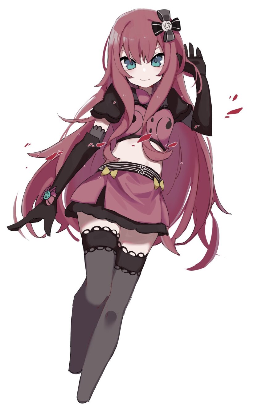 1girl, asa_(o0_asa_0o), black_gloves, black_thighhighs, blue_eyes, bow, closed_mouth, cropped_legs