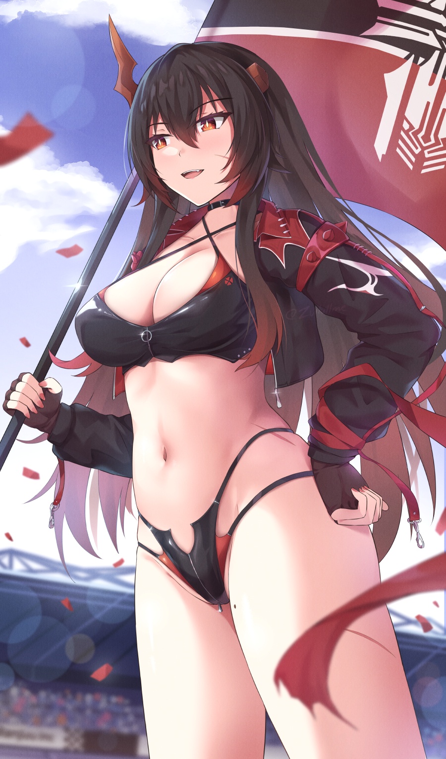 1girl, alternate_costume, asymmetrical_horns, azur_lane, bikini, black_choker, black_hair, black_shrug, bra, breasts, brown_eyes, choker, cosplay, criss-cross_halter, crotch_zipper, flag, gradient_hair, halterneck, hand_on_own_hip, highres, holding, holding_flag, horns, large_breasts, latex, latex_bra, latex_panties, long_hair, magdeburg_(azur_lane), midriff, mole, mole_on_thigh, multi-strapped_panties, multicolored_hair, navel, panties, race_queen, red_hair, red_horns, shrug_(clothing), slit_pupils, solo, stomach, swimsuit, ulrich_von_hutten_(azur_lane), ulrich_von_hutten_(ignition_matrician)_(azur_lane), underwear, zipper, zipper_bikini, zuikillme