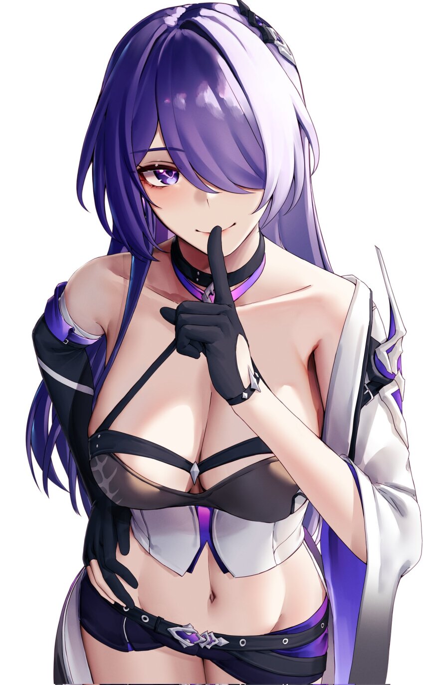 1girl, acheron_(honkai:_star_rail), black_choker, black_gloves, black_shorts, breasts, choker, cleavage