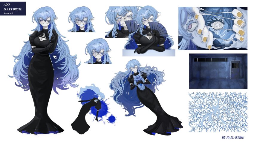 1girl, artist_name, black_dress, blue_eyes, blue_hair, breasts, cleavage, cleavage_cutout