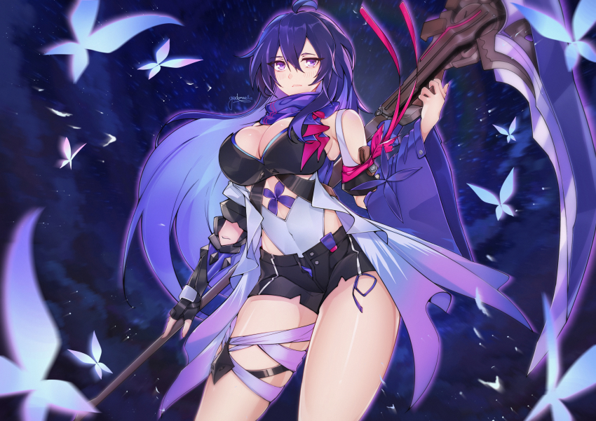 1girl, absurdres, ahoge, bare_shoulders, black_gloves, black_shorts, breasts, cleavage, commentary_request, covered_navel, cowboy_shot, fingerless_gloves, gloves, godzaella, highres, honkai:_star_rail, honkai_(series), large_breasts, long_hair, purple_eyes, purple_hair, purple_scarf, scarf, scythe, seele_(honkai:_star_rail), short_shorts, shorts, single_glove, solo, standing, thighs, very_long_hair, weapon