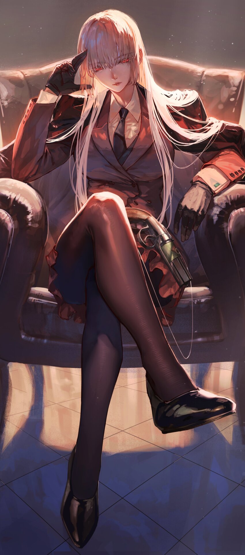 1girl, absurdres, black_gloves, black_necktie, black_pantyhose, breasts, coat, coat_on_shoulders, crossed_legs, fate/grand_order, fate_(series), florence_nightingale_(fate), florence_nightingale_(formal_dress)_(fate), gloves, gun, half-closed_eyes, highres, large_breasts, long_hair, makitoshi0316, necktie, pantyhose, pepperbox_revolver, pink_hair, red_eyes, sitting, skirt, weapon