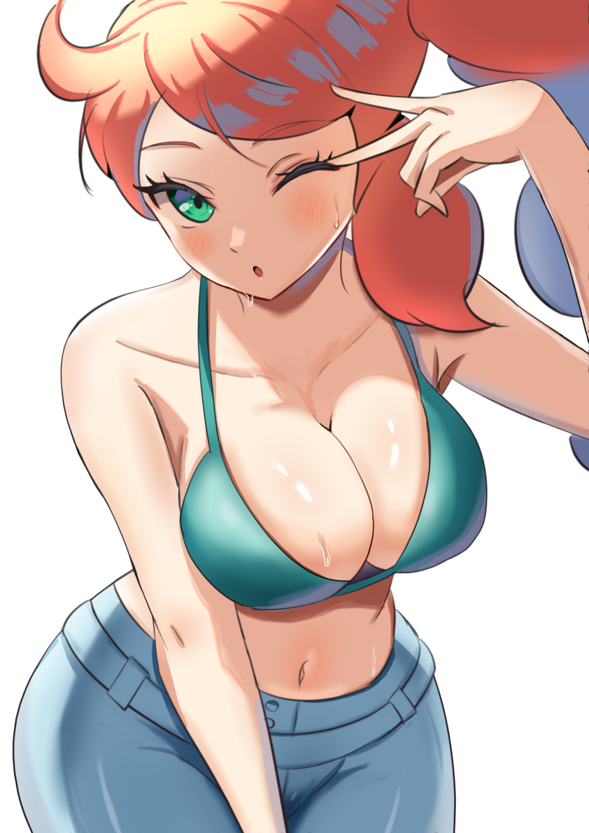 1girl, ;o, amrbatafri, bikini, bikini_top_only, blue_pants, breasts, collarbone, denim, green_bikini, green_eyes, highres, jeans, large_breasts, looking_at_viewer, midriff, navel, nintendo, one_eye_closed, orange_hair, pants, pokemon, pokemon_sword_and_shield, side_ponytail, simple_background, solo, sonia_(pokemon), stomach, swimsuit, white_background