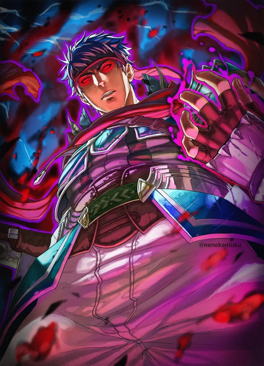 1boy, aura, bara, blue_hair, cape, corruption, dark_aura, fingerless_gloves