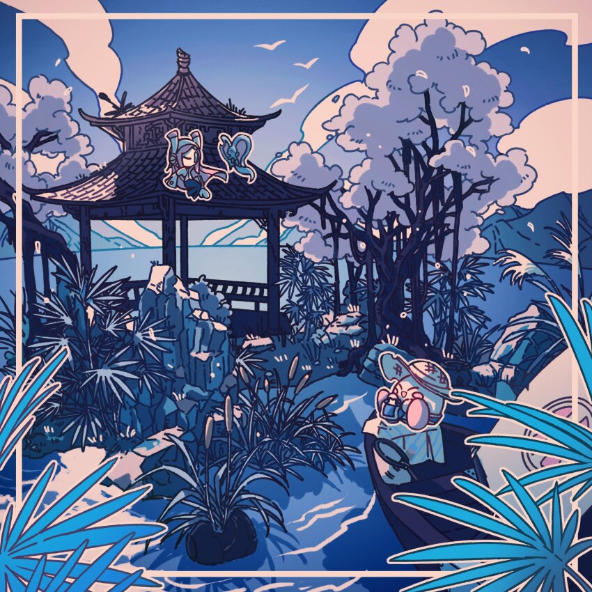 absurdres, architecture, bird, blue_sky, blush_stickers, cattail, closed_eyes, cloud, cloudy_sky, creature, east_asian_architecture, elfilin, glef_life, happy, hat, highres, kirby, kirby:_planet_robobot, kirby_(series), kirby_and_the_forgotten_land, nintendo, no_humans, open_mouth, outdoors, outline, plant, rayman_limbs, sitting, sky, straw_hat, susie_(kirby), temple, tree, twilight, water