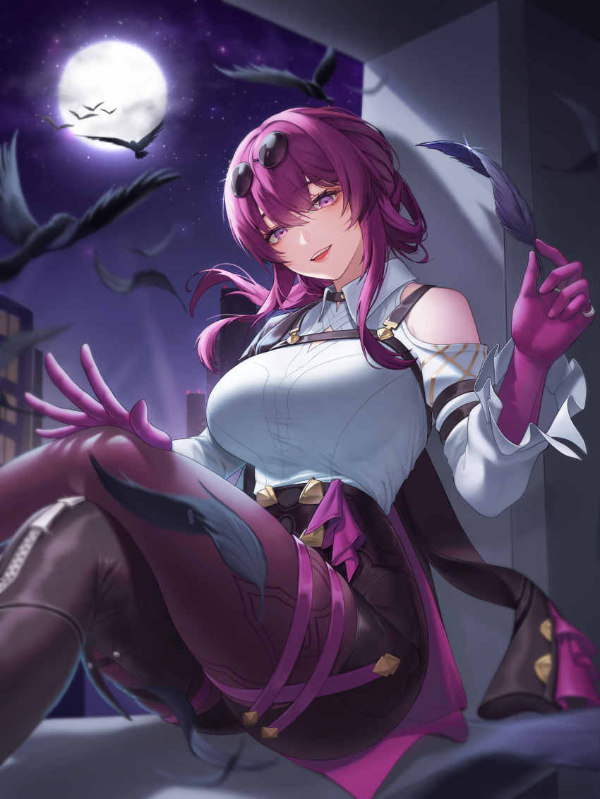 1girl, :d, absurdres, bare_shoulders, bird, black_shorts, breasts, clothing_cutout