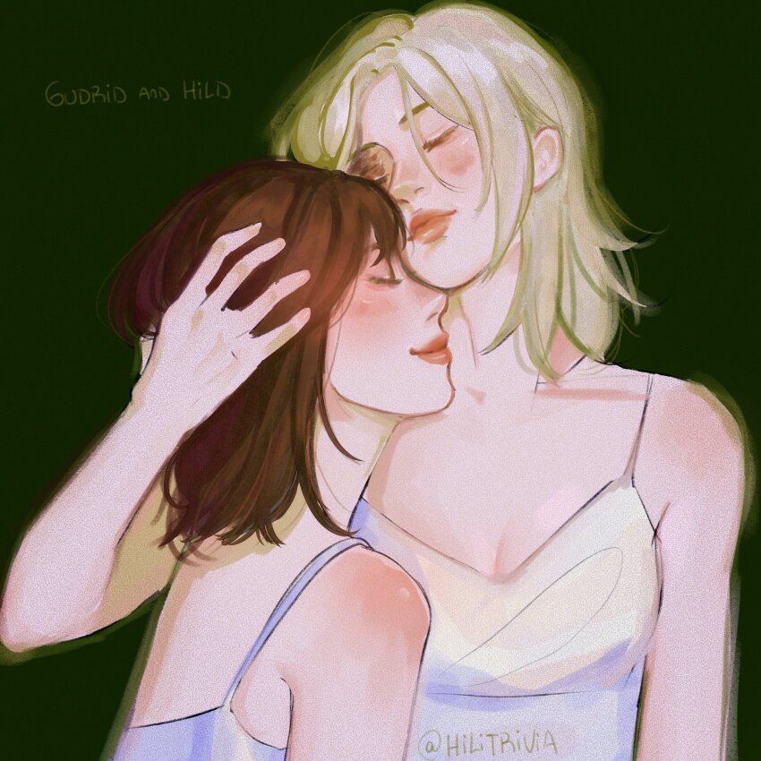 2girls, blonde_hair, breasts, brown_hair, character_name, cleavage, closed_eyes, closed_mouth, english_text, eyelashes, female_focus, genderswap, genderswap_(mtf), green_background, gudrid, hand_on_another's_head, highres, hild_(vinland_saga), hilitrivia, medium_breasts, medium_hair, multiple_girls, profile, simple_background, smile, twitter_username, vinland_saga, yuri