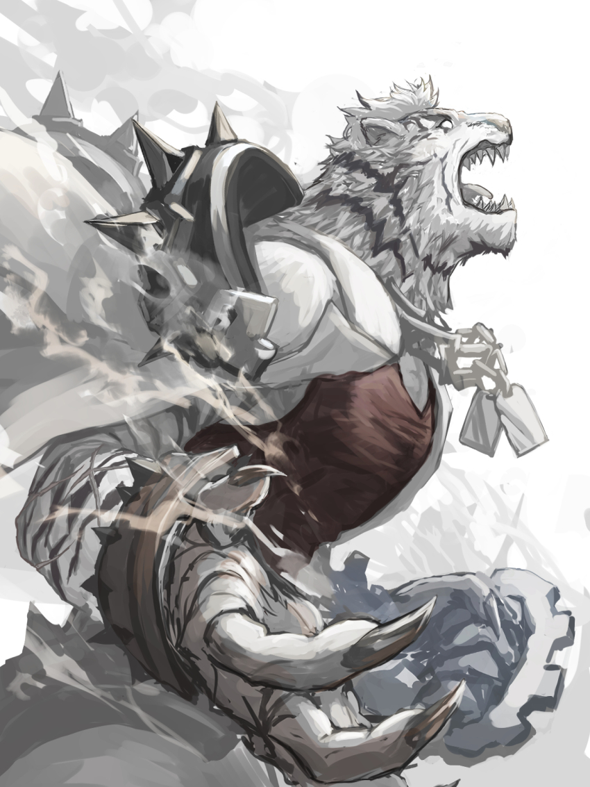 1boy, animal_ears, arknights, bara, black_claws, black_tank_top, blank_eyes, chain