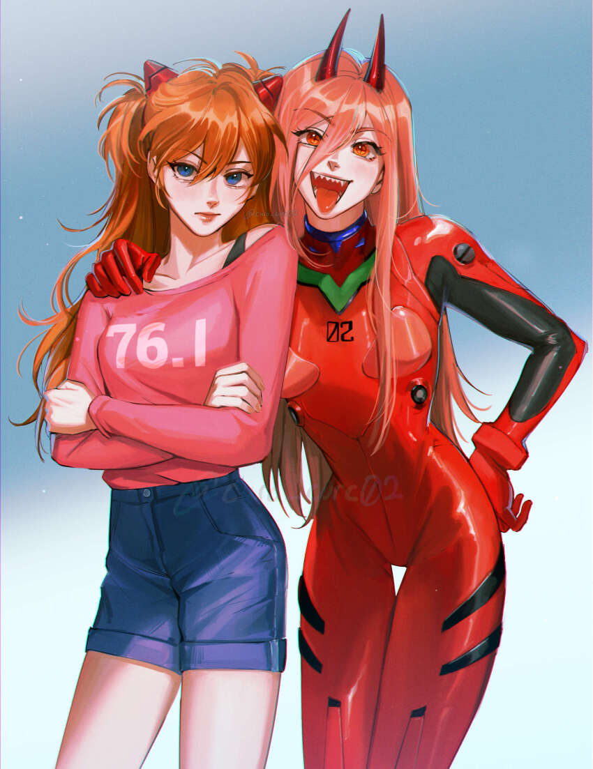 2girls, absurdres, blue_eyes, bodysuit, chainsaw_man, clothes_writing, cosplay, costume_switch, cross-shaped_pupils, crossed_arms, crossover, curo_(curo_02), demon_horns, denim, denim_shorts, female_focus, gradient_background, grey_background, hair_between_eyes, hand_on_another's_shoulder, hand_on_own_hip, high-waist_shorts, highres, horns, interface_headset_(evangelion), long_hair, long_hair_between_eyes, long_sleeves, looking_at_viewer, mecha_pilot_suit, multiple_girls, neon_genesis_evangelion, off-shoulder_shirt, off_shoulder, open_mouth, orange_eyes, orange_hair, pink_hair, pink_shirt, plugsuit_(evangelion), power_(chainsaw_man), power_(chainsaw_man)_(cosplay), red_bodysuit, red_eyes, red_horns, sharp_teeth, shirt, shorts, simple_background, smile, souryuu_asuka_langley, souryuu_asuka_langley_(cosplay), standing, symbol-shaped_pupils, teeth, tongue, tongue_out, trait_connection, twitter_username, two_side_up