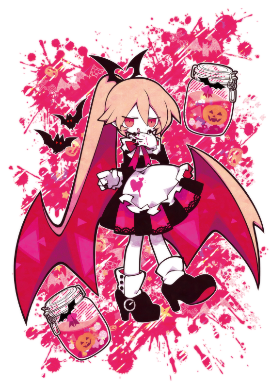 1girl, bat_(animal), bat_wings, black_nails, bow, colored_skin, dress, funamusea, funamusea_(artist), haiiro_teien, heart, jack-o'-lantern, jar, long_hair, nail_polish, official_art, paint, paint_on_clothes, paint_on_fingers, paint_splatter, pink_bow, pink_eyes, pink_hair, pointy_ears, ponytail, pumpkin, rawberry_preserves, shoes, solo, splatter_background, white_skin, wings