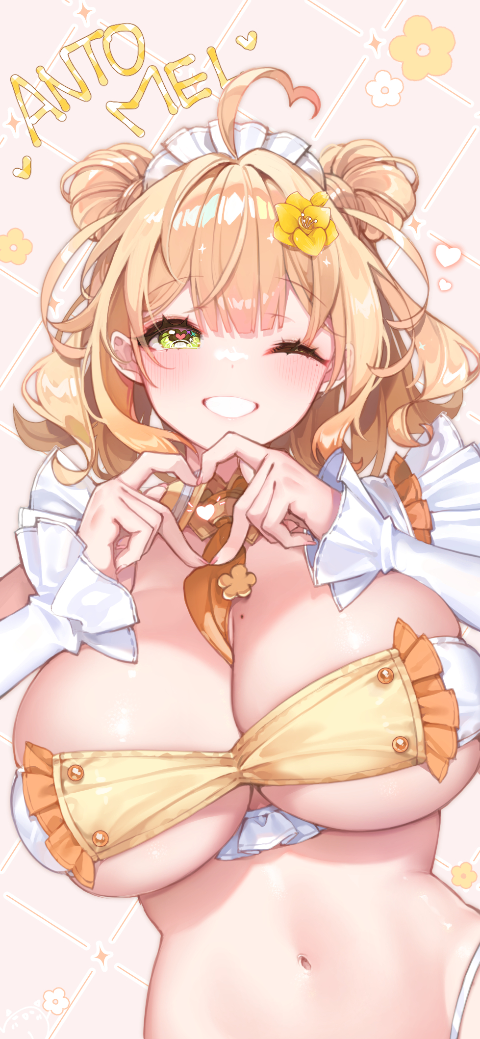 1girl, ahoge, anto_mel, bandeau, blonde_hair, blush, breasts, cleavage