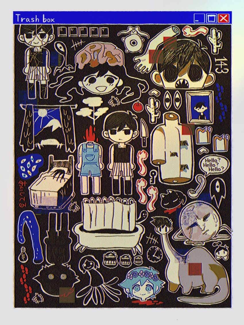 1girl, 2boys, basil_(headspace)_(omori), basil_(omori), blood, cactus, decapitation, english_text