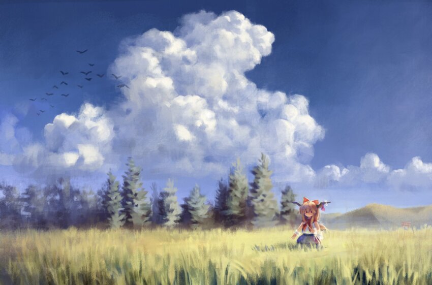 1girl, bird, blue_skirt, bow, brown_hair, cloud, cloudy_sky, day, field, hair_bow, highres, horn_ornament, horn_ribbon, horns, ibuki_suika, nature, no_mouth, outdoors, red_bow, red_scarf, ribbon, satellitedragon, scarf, scenery, shirt, skirt, sky, sleeveless, sleeveless_shirt, touhou, tree, white_shirt, wrist_cuffs