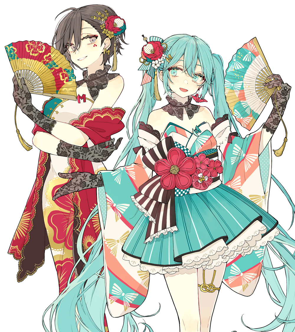 2girls, 39culture, ahoge, akakura, alternate_costume, aqua_bow, aqua_eyes, aqua_hair