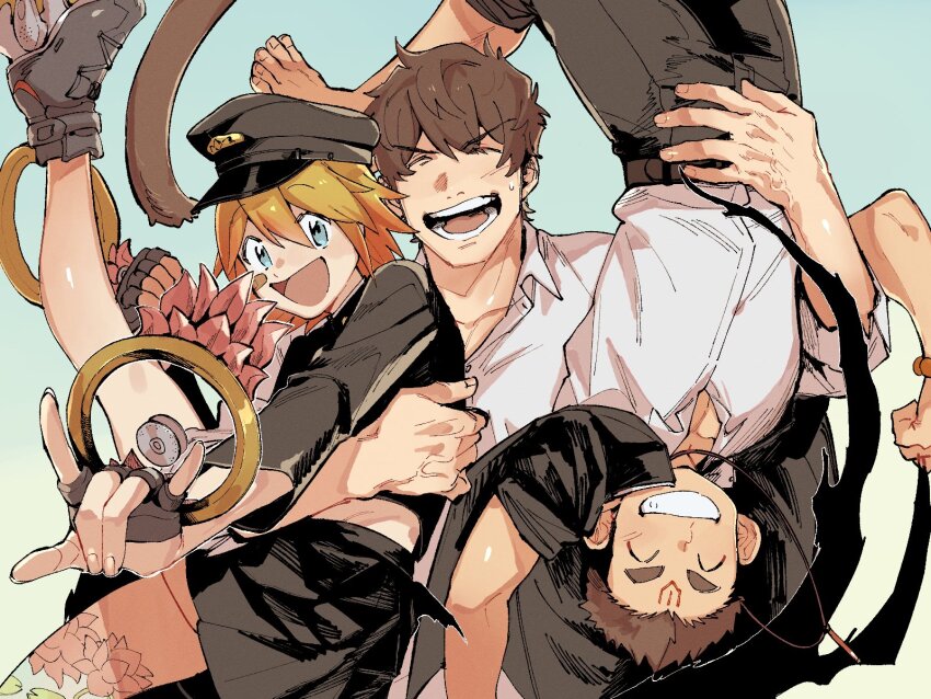 1other, 2boys, ^_^, bandaid, bandaid_on_cheek, bandaid_on_face, bead_bracelet, beads