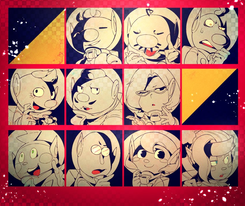 3girls, 6+boys, alph_(pikmin), asymmetrical_bangs, backpack, bag, bags_under_eyes, bald