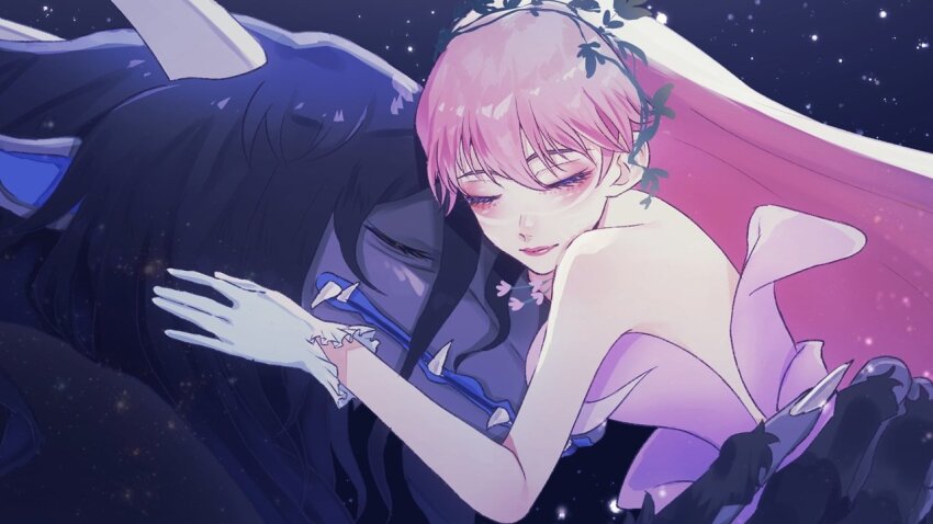 1boy, 1girl, animal_ears, artqueues, belle_(ryuu_to_sobakasu_no_hime), black_background, black_hair, claws