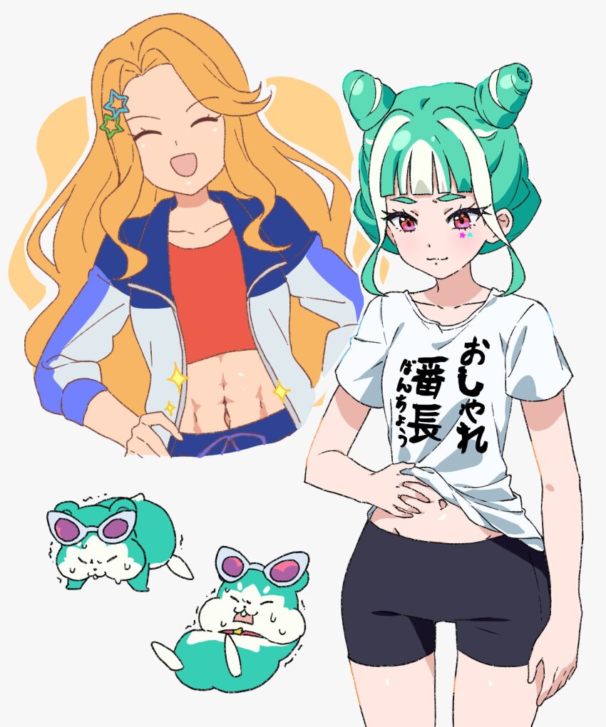 2girls, :3, :d, abs, black_shorts, blue_jacket, blunt_bangs, chimumu, chimumu_(hamster), closed_eyes, clothes_writing, cone_hair_bun, cowboy_shot, creature_and_personification, cropped_legs, cropped_shirt, dolldolldd, double_bun, exercising, facing_viewer, green_hair, hair_bun, hair_ornament, hamster, hand_on_own_hip, highres, jacket, long_hair, long_sleeves, looking_down, midriff, multicolored_hair, multiple_girls, multiple_views, open_clothes, open_jacket, open_mouth, orange_hair, personification, pink_eyes, pretty_series, red_shirt, shirt, short_hair, short_shorts, short_sleeves, shorts, sidelocks, simple_background, smile, sparkle, star_(symbol), star_hair_ornament, streaked_hair, sweatdrop, t-shirt, waccha_primagi!, white_background, white_hair, white_shirt, yayoi_hina