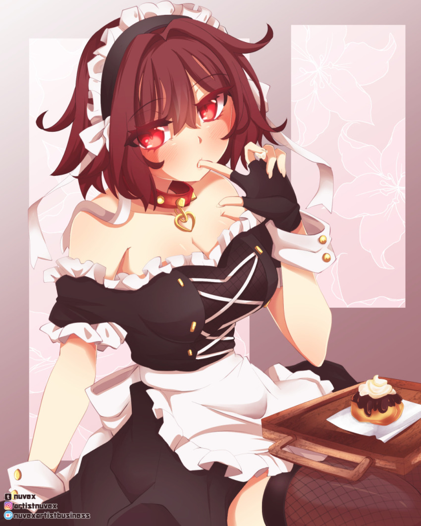 1girl, aged_up, alternate_costume, apron, bare_shoulders, breasts, brown_hair, cake