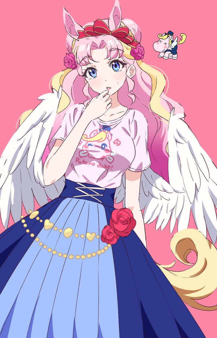 1girl, animal_ears, blonde_hair, blue_eyes, blue_skirt, character_name, character_print, commentary_request