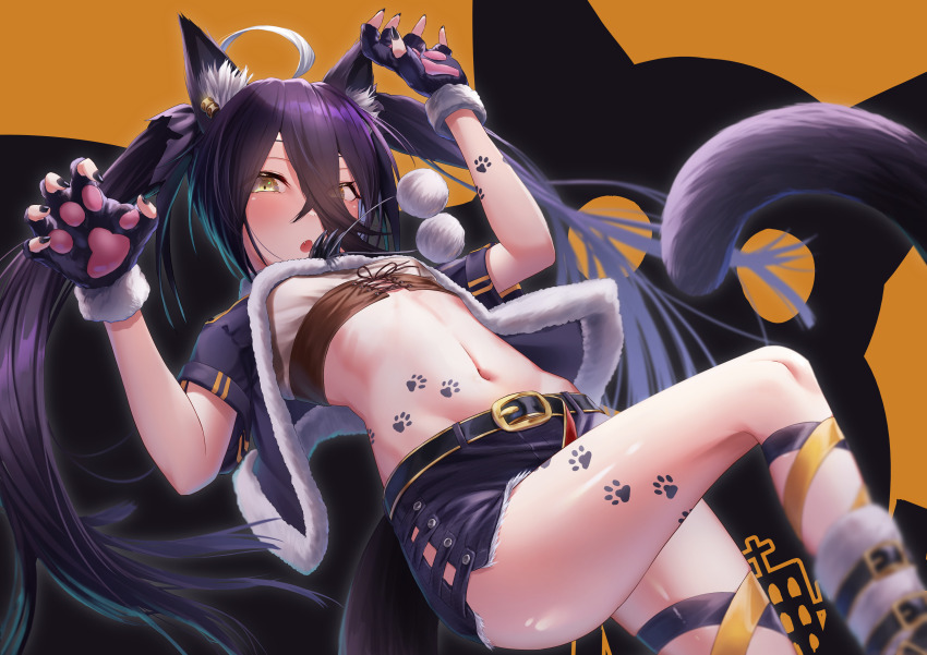 absurdres, ahoge, animal_ears, animal_hands, black_capelet, black_hair, black_nails, black_shorts