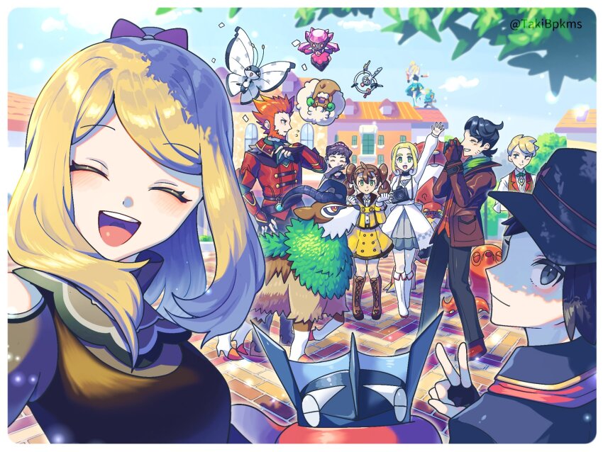 4boys, 5girls, :d, alternate_color, arm_up, beard, black_gloves, black_hair