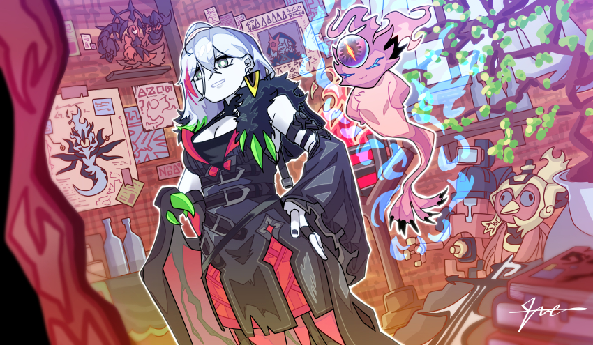 1other, 2girls, absurdres, black_nails, breasts, cleavage, detached_sleeves, diabellstar_the_black_witch, duel_monster, earrings, floating, grey_eyes, hand_on_own_hip, hbutler, highres, jewelry, large_breasts, multicolored_hair, multiple_girls, pale_skin, poster_(object), promethean_princess_bestower_of_flames, single_detached_sleeve, single_sleeve, smile, snake-eyes_flamberge_dragon, snake-eyes_poplar, white_hair, yu-gi-oh!