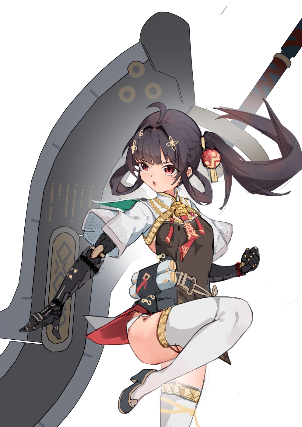 1girl, ahoge, black_dress, black_hair, cropped_jacket, dress, hair_rings, highres, hornesix, jacket, joints, lantern_hair_ornament, long_hair, lowleg, lowleg_panties, mechanical_arms, one_side_up, panties, pulao:_dragontoll_(pgr), pulao_(pgr), punishing:_gray_raven, red_eyes, robot_joints, short_dress, short_sleeves, side_ponytail, thighhighs, underwear, white_jacket, white_panties, white_thighhighs