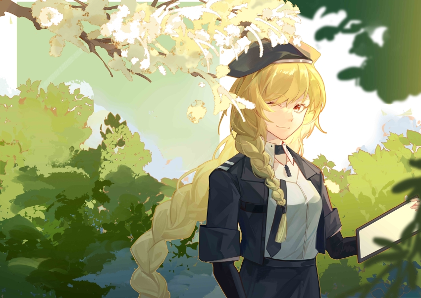 1girl, absurdres, beret, black_hat, black_jacket, black_necktie, black_skirt, blonde_hair