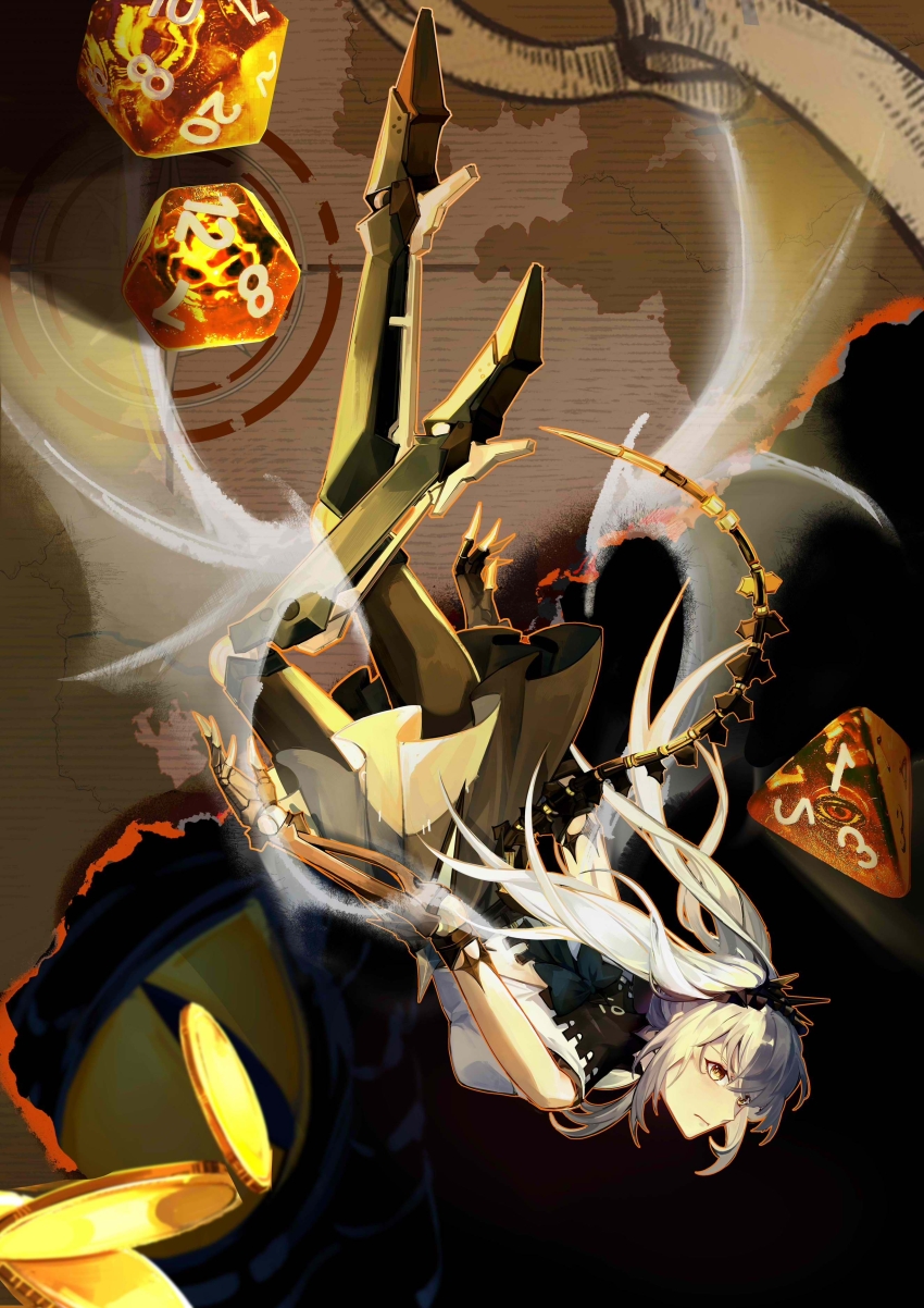 1girl, absurdres, black_ribbon, black_skirt, falling, grey_hair, hair_ornament, high_heels