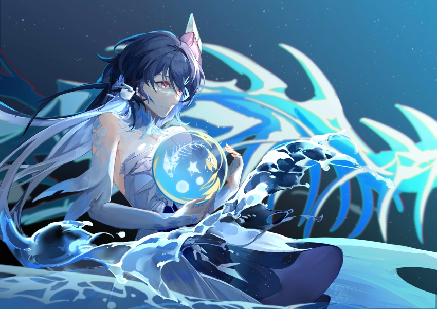 1girl, absurdres, aqua_hair, bare_shoulders, black_hair, colored_inner_hair, detached_collar, detached_sleeves