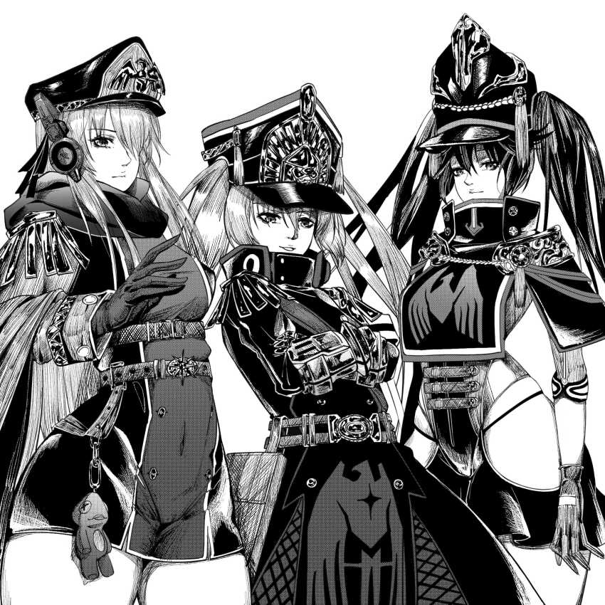 3girls, absurdres, aiguillette, alpha_(pgr), altair_(re:creators), altair_(re:creators)_(cosplay), alternate_costume, belt