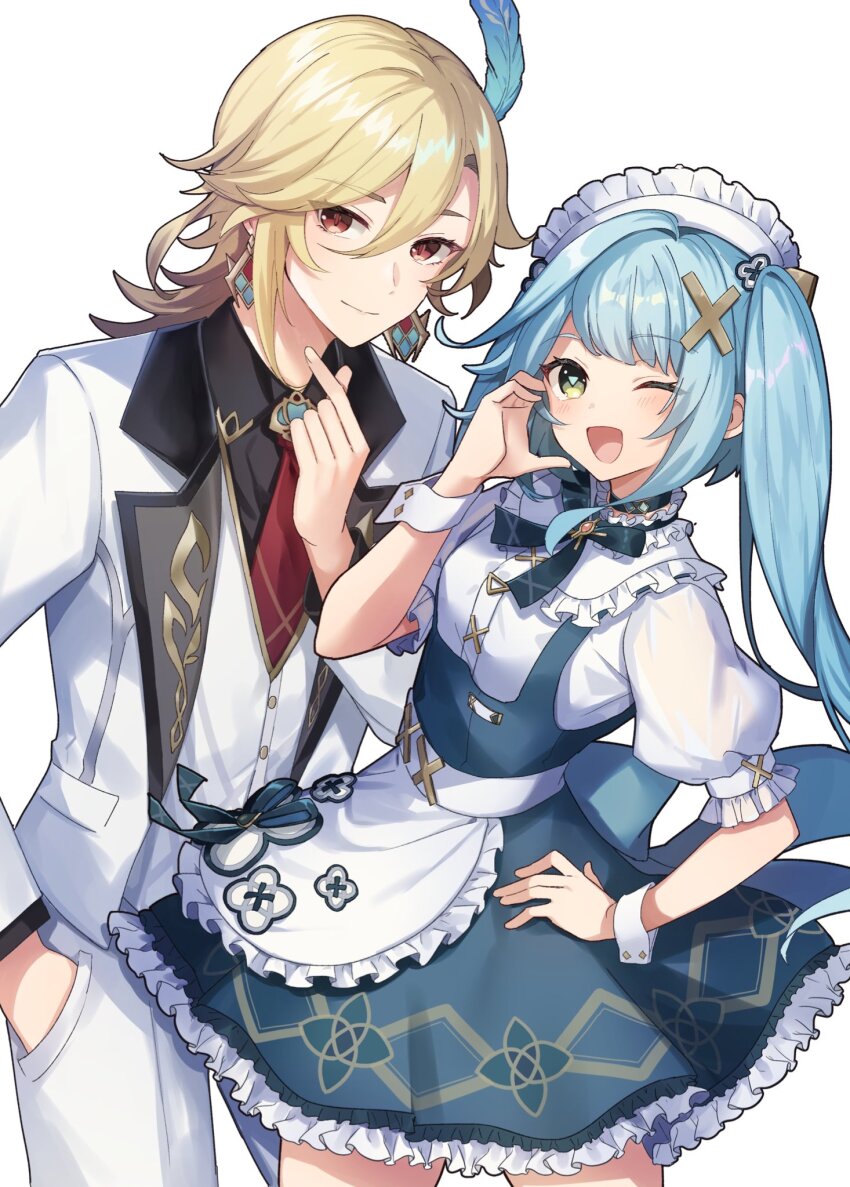 1boy, 1girl, apron, aqua_hair, blonde_hair, closed_mouth, earrings, faruzan_(genshin_cafe_in_seoul)_(genshin_impact)