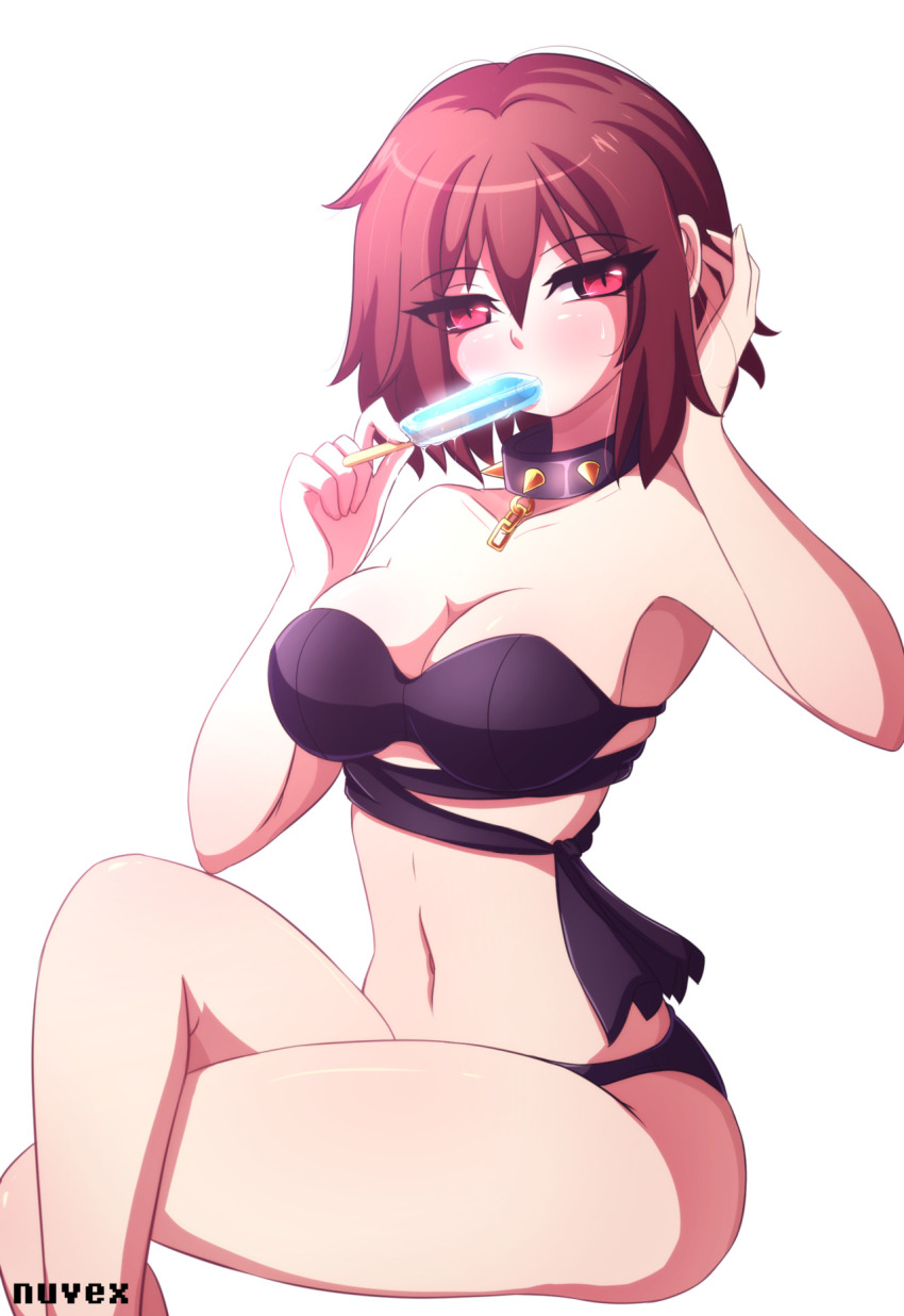 1girl, alternate_costume, artist_name, bikini, black_bikini, blush, breasts, brown_hair, chain, collar, female_frisk_(undertale), food, frisk_(undertale), highres, holding, holding_food, holding_ice_cream, ice_cream, large_breasts, looking_at_viewer, midriff, navel, nuvex, popsicle, red_eyes, short_hair, sitting, solo, spiked_collar, spikes, swimsuit, thighs, underfell, undertale, utdr_(toby_fox), white_background
