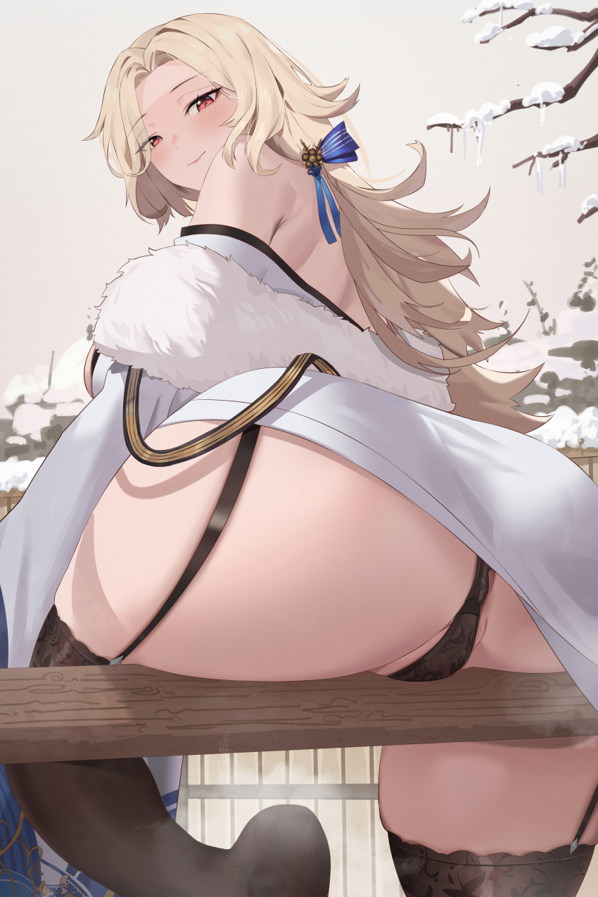 1girl, absurdres, ass, ass_focus, bare_shoulders, blonde_hair, blush, breasts, come_hither, from_behind, from_below, garter_straps, goddess_of_victory:_nikke, hair_ribbon, highres, huge_ass, large_breasts, long_hair, looking_at_viewer, looking_back, looking_down, low_ponytail, ludmilla_(nikke), ludmilla_(winter_owner)_(nikke), panties, partially_visible_vulva, ponytail, pumi_puru, red_eyes, ribbon, sideboob, smile, solo, steam, thick_thighs, thighhighs, thighs, underwear, very_long_hair