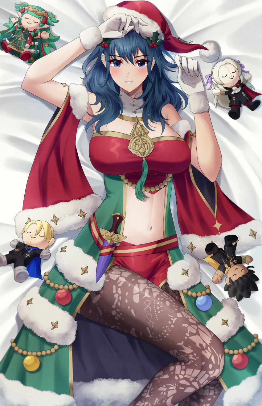 1girl, blue_hair, character_doll, christmas, claude_von_riegan, clothing_cutout, dagger, dimitri_alexandre_blaiddyd