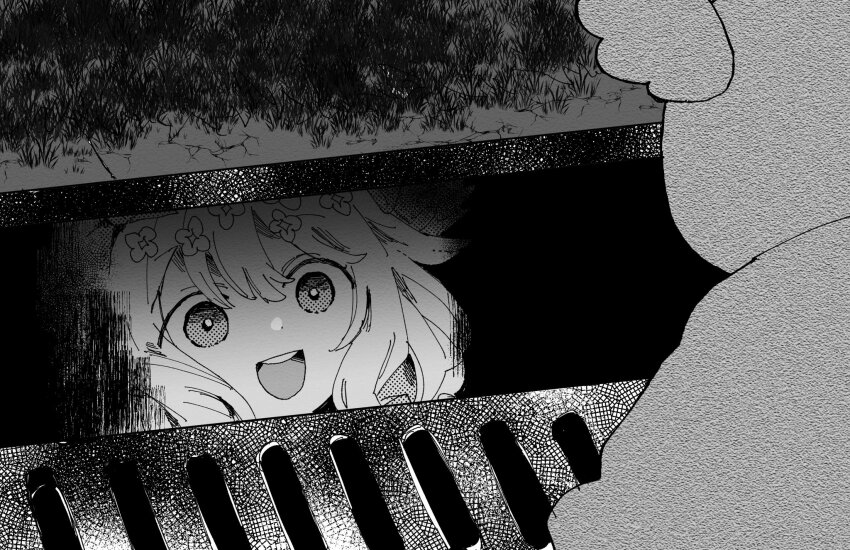 1girl, 1other, aloupeep_(enna_alouette), enna_alouette, flower, grass, grate, hair_flower