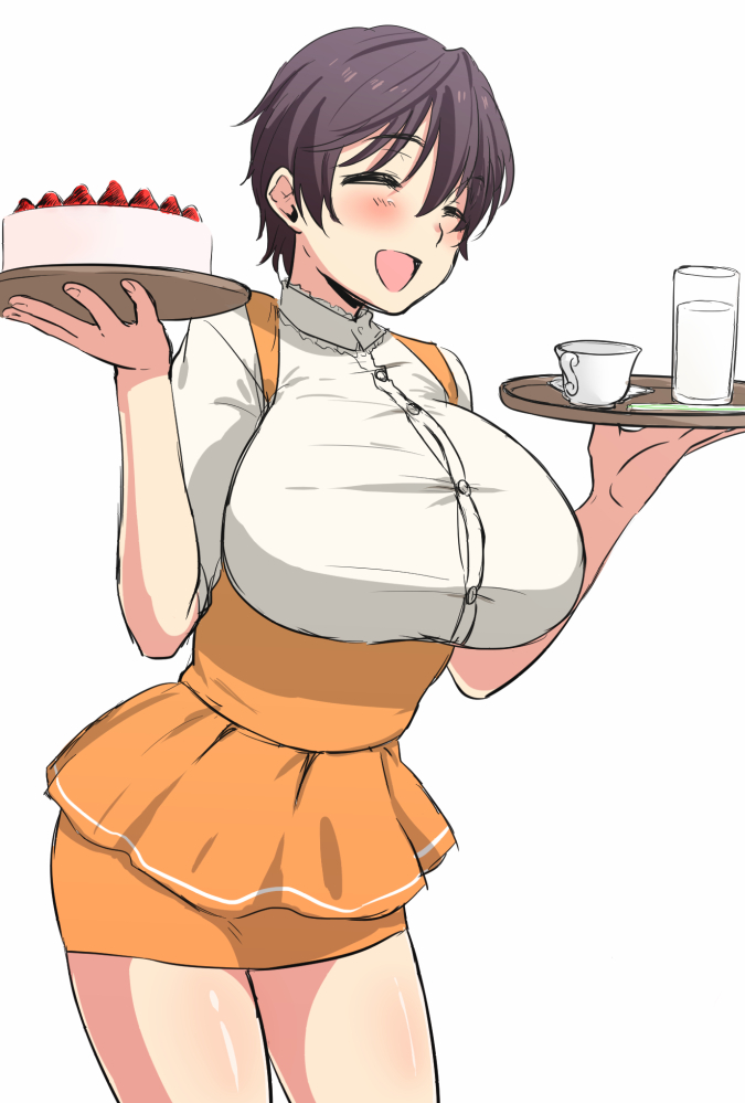 1girl, anna_miller, apron, blush, breasts, brown_hair, cake, closed_eyes