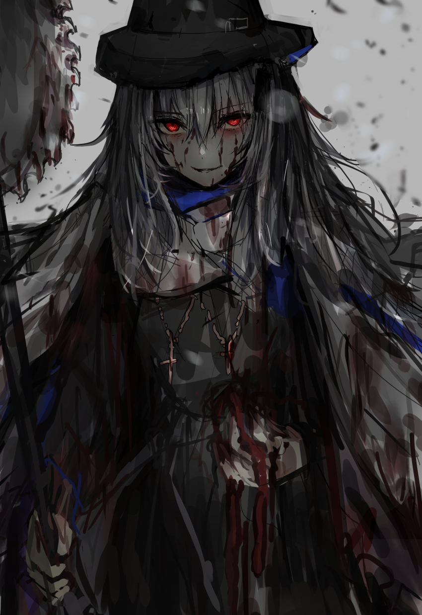 1girl, absurdres, arknights, backlighting, black_dress, black_hat, bleeding, blood, blood_in_hair, blood_on_clothes, blood_on_face, blood_on_hands, bloody_weapon, blue_blood, capotain, chuhaibane, circular_saw, clear_sky, cloak, closed_mouth, colored_skin, cowboy_shot, crazy_eyes, cross, cross_necklace, day, dress, glowing, glowing_eyes, grey_background, grey_hair, grey_sky, hair_between_eyes, hand_on_own_stomach, hand_up, hat, highres, holding, holding_weapon, injury, jewelry, latin_cross, light_smile, long_hair, long_sleeves, looking_at_viewer, necklace, official_alternate_costume, outdoors, red_eyes, revision, saw, shade, shadow, sky, solo, specter_(arknights), specter_(undercurrent)_(arknights), standing, straight-on, weapon, white_cloak, white_skin