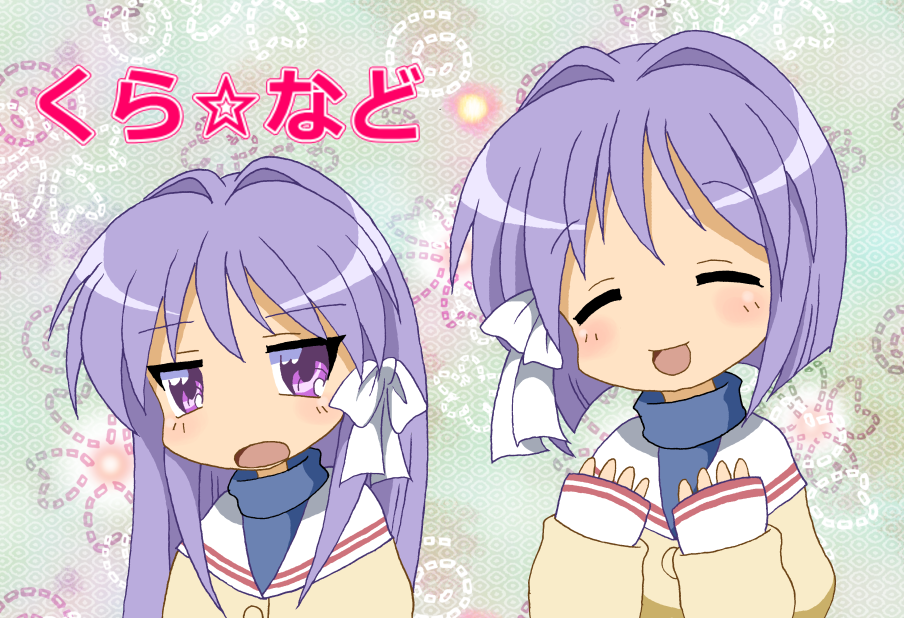 2girls, :d, ^_^, blush, bob_cut, clannad, closed_eyes, commentary_request