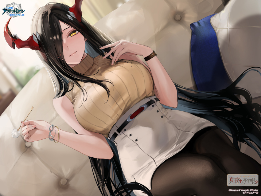 1girl, anchor_symbol, azur_lane, bare_shoulders, belt, black_hair, black_pantyhose, blurry, blurry_background, blush, bracelet, breasts, buttons, casual, character_name, closed_mouth, copyright_name, couch, curtains, cushion, dutch_angle, friedrich_der_grosse_(azur_lane), from_below, hair_over_one_eye, hair_spread_out, hands_in_own_hair, hands_up, high-waist_skirt, highres, holding, horns, indoors, jewelry, large_breasts, lips, logo, long_hair, looking_at_viewer, mature_female, mechanical_horns, mimikaki, miniskirt, momokan_(kandume200), non-web_source, official_art, on_couch, pantyhose, pencil_skirt, pillow, red_horns, ribbed_shirt, ribbed_sweater, shirt, sitting, skirt, sleeveless, sleeveless_sweater, sleeveless_turtleneck, smile, solo, sweater, sweater_tucked_in, thighs, turtleneck, turtleneck_sweater, very_long_hair, watch, watermark, white_skirt, window, wristwatch, yellow_eyes, yellow_sweater