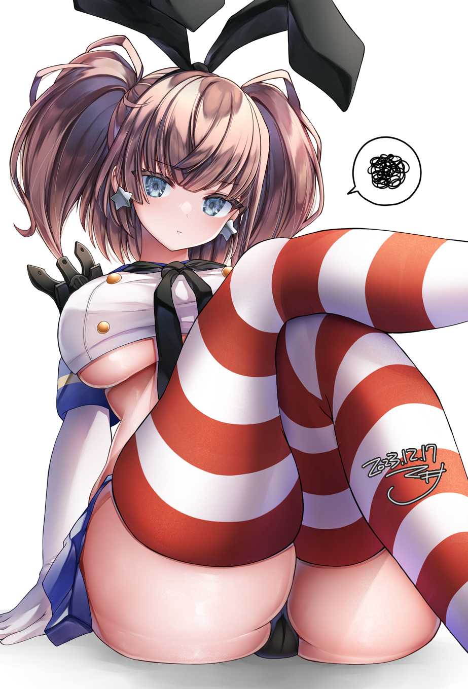 1girl, atlanta_(kancolle), black_panties, blue_skirt, breasts, brown_hair, cosplay, crop_top