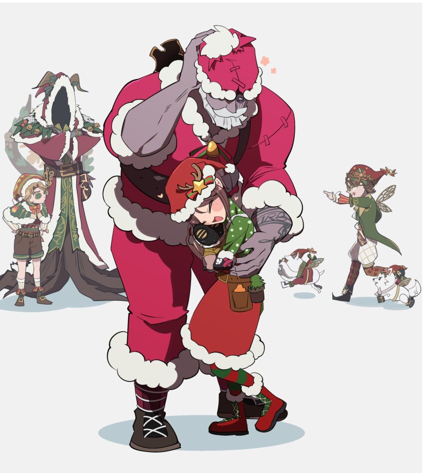 1girl, 4boys, :d, apron, arm_tattoo, beard, bell, belt