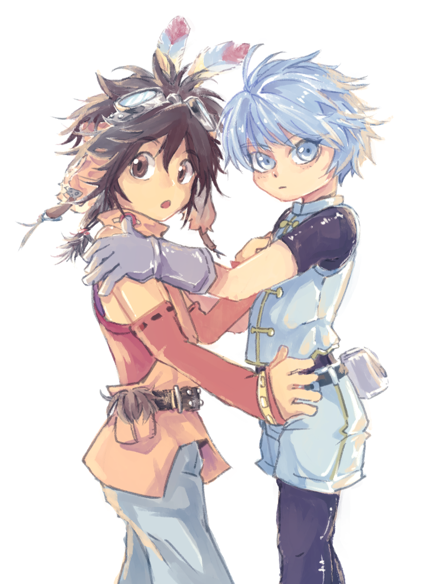 +anima, 2boys, belt, black_belt, black_hair, black_pants, black_shirt, blue_hair, blue_shirt, blue_shorts, brown_shirt, child, closed_mouth, cooro_(+anima), detached_sleeves, feathers, gloves, goggles, goggles_on_head, grey_gloves, grey_pants, hair_between_eyes, hand_on_another's_shoulder, husky_(+anima), kenoru, male_focus, multiple_boys, open_mouth, pants, shirt, short_hair, short_sleeves, shorts, simple_background, white_background, yaoi