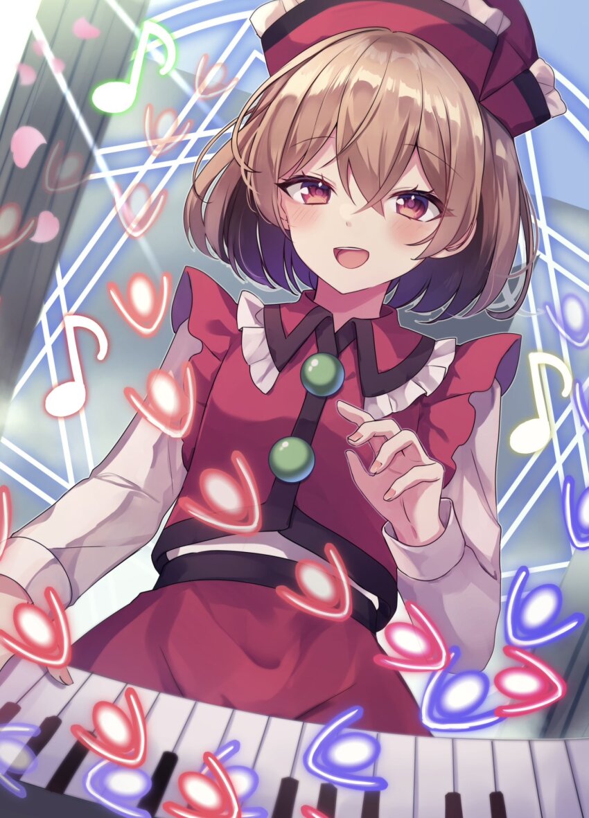 1girl, barrier_of_life_and_death_(touhou), brown_eyes, brown_hair, commission, danmaku, hamonika_monika, highres, instrument, jacket, keyboard_(instrument), lyrica_prismriver, musical_note, perfect_cherry_blossom, red_headwear, red_jacket, red_skirt, shirt, skeb_commission, skirt, smile, solo, touhou, white_shirt