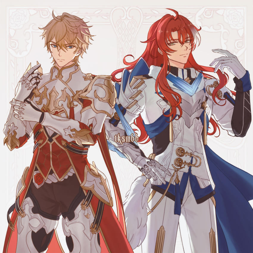 2boys, ahoge, argenti_(honkai:_star_rail), argenti_(honkai:_star_rail)_(cosplay), armor, artist_name, black_pants, blonde_hair, blue_cape, blue_eyes, breastplate, cape, closed_mouth, coattails, commentary_request, cosplay, costume_switch, cowboy_shot, crossed_bangs, cuisses, frown, fur_collar, gauntlets, gepard_landau, gepard_landau_(cosplay), gloves, gold_trim, green_eyes, grey_background, hair_between_eyes, hand_on_own_hip, hand_up, highres, honkai:_star_rail, honkai_(series), jacket, knight, long_hair, long_sleeves, looking_at_viewer, male_focus, multicolored_hair, multiple_boys, pants, pauldrons, red_cape, red_hair, red_jacket, serious, short_hair, shoulder_armor, sidelocks, simple_background, single_gauntlet, smile, split_mouth, standing, tailcoat, tassel, tksm_66, v-shaped_eyebrows, vambraces, white_gloves, white_hair, white_jacket, white_pants