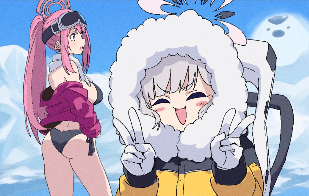 2girls, bikini, black_bikini, blue_archive, breasts, chair, closed_eyes, cropped_jacket