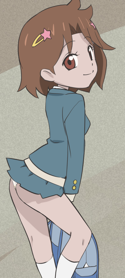 1girl, bag, brown_eyes, brown_hair, closed_mouth, dd_hokuto_no_ken, hair_ornament, hairclip, haruyama_kazunori, hokuto_no_ken, lin_(hokuto_no_ken), looking_at_viewer, panties, pleated_skirt, school_bag, school_uniform, short_hair, skirt, smile, solo, underwear, white_panties