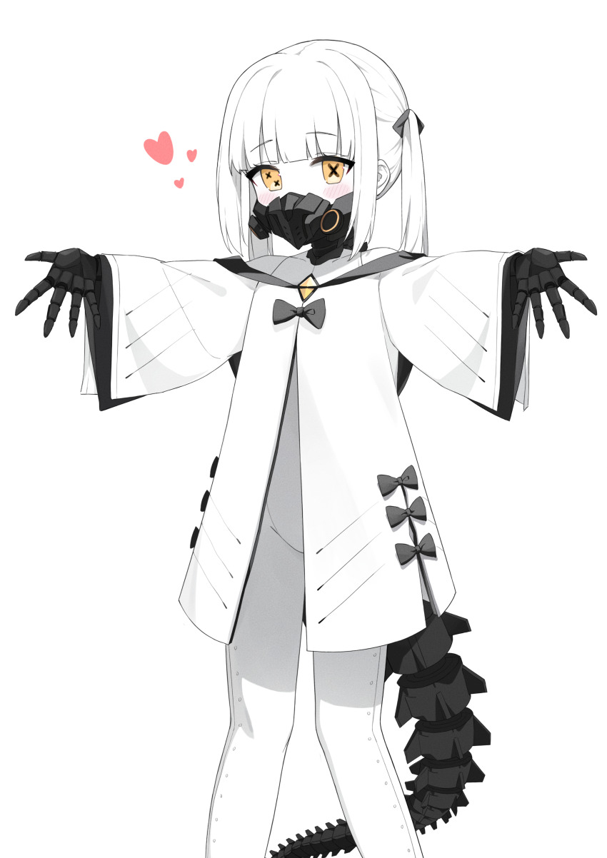 1girl, absurdres, black_mask, black_tail, blue_archive, blush, coat, colored_skin