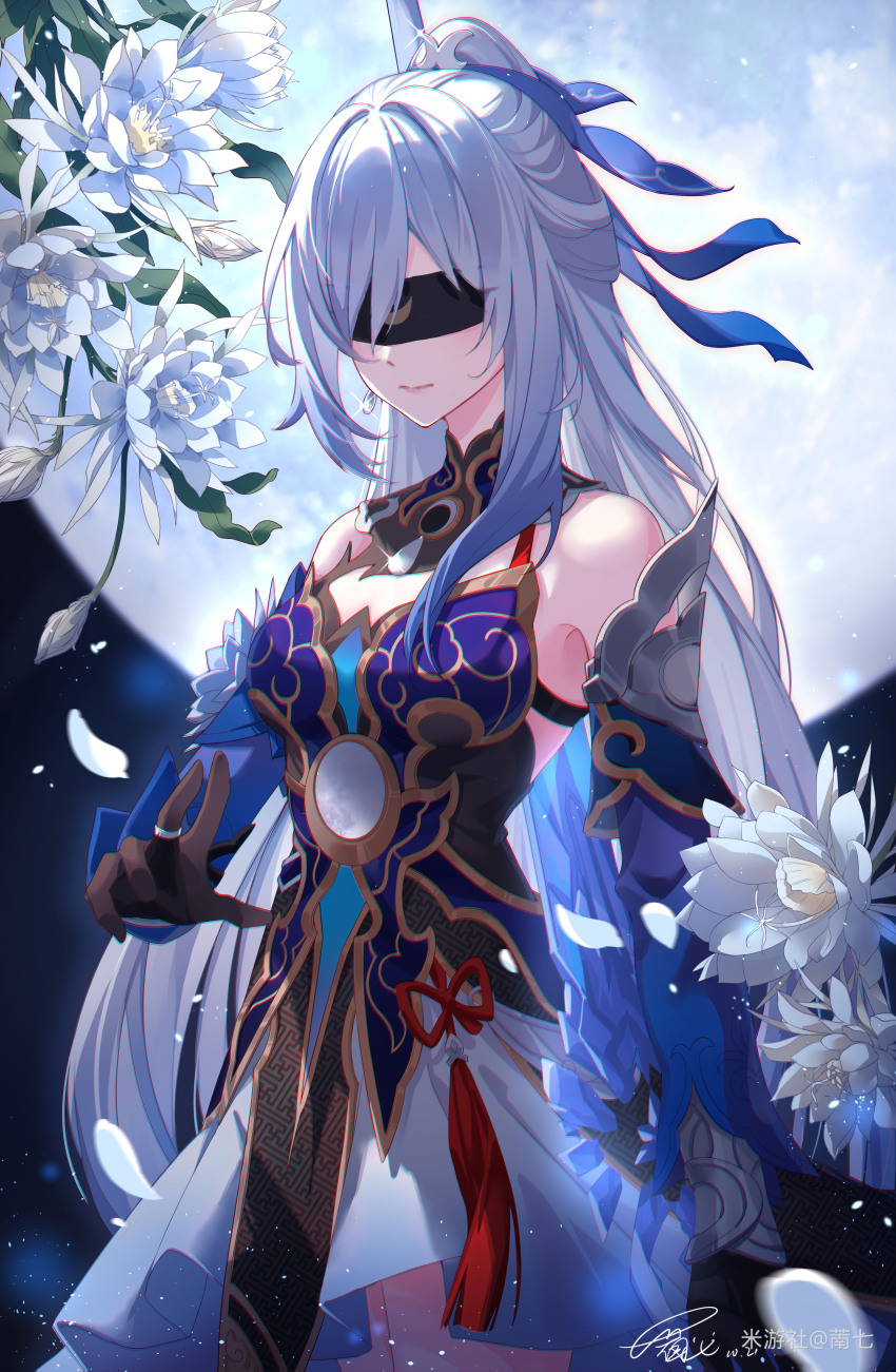 1girl, absurdres, artist_name, bare_shoulders, black_gloves, blindfold, blue_sleeves, detached_sleeves, earrings, epiphyllum, falling_petals, flower, full_moon, gloves, high_ponytail, highres, holding, holding_behind_back, holding_sword, holding_sword_behind_back, holding_weapon, holding_weapon_behind_back, honkai:_star_rail, honkai_(series), jewelry, jingliu_(honkai:_star_rail), long_hair, moon, nanqi, night, petals, ponytail, signature, single_earring, skirt, sky, solo, sword, tassel, weapon, white_flower, white_hair, white_petals, white_skirt